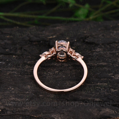 Oval black rutilated quartz engagement ring solid rose gold marquise moissanite ring for women art deco unique ring bridal anniversary gift