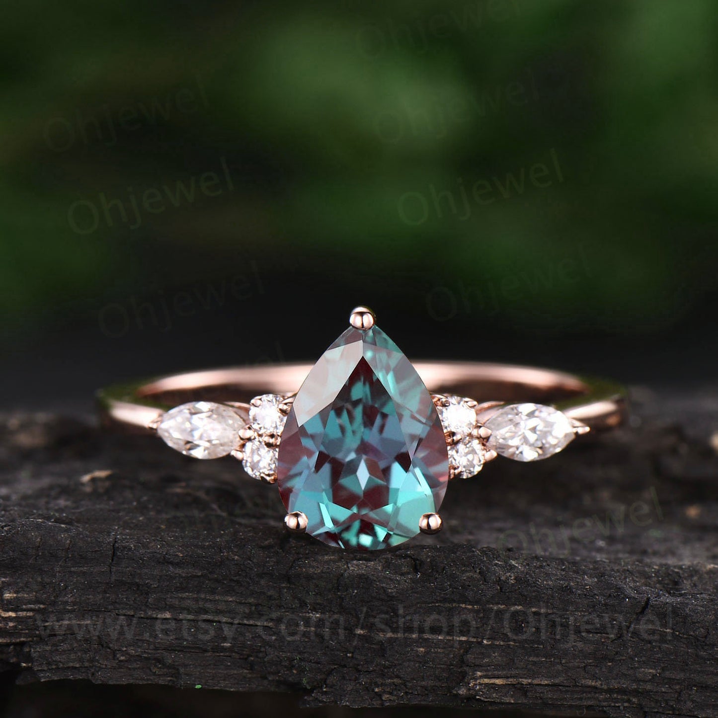 Color change Alexandrite ring for women vintage Alexandrite engagement ring rose gold pear Alexandrite jewelry June birthstone ring gift