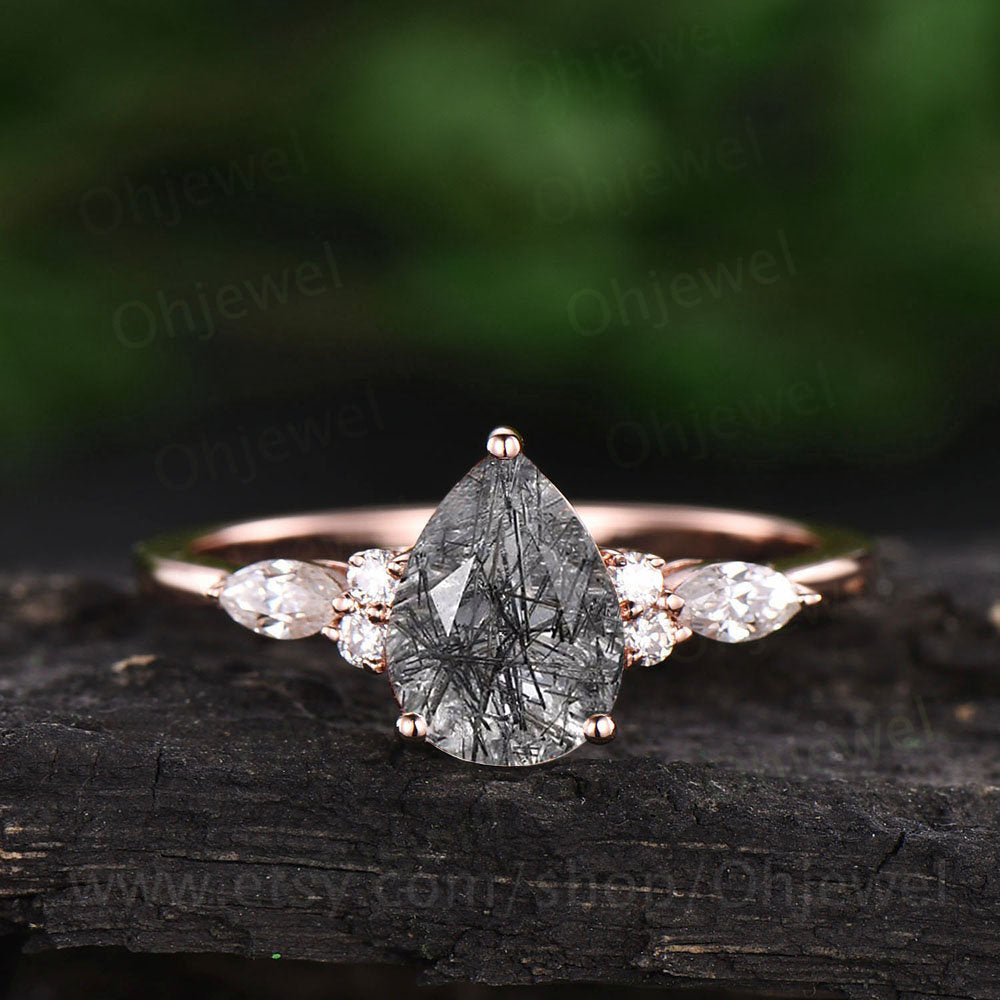 Pear black rutilated quartz engagement ring for women vintage marquise moissanite ring rose gold black stone ring anniversary wedding ring