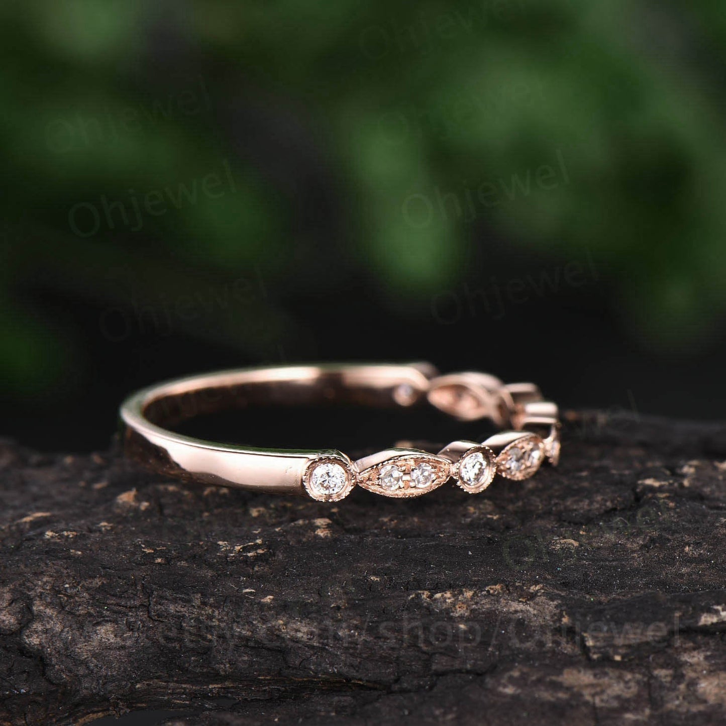 Rose gold ring real diamond ring vintage diamond wedding band art deco ring half eternity ring anniversary ring graduation gift for her