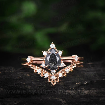 Pear Shaped Black Rutilated Quartz Engagement Ring Rose Gold Women Vintage Bridal Set Unique Moissanite Ring Wedding band Anniversary Gift