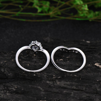Black rutilated quartz engagement ring set pear rutilated quartz ring Milgrain vintage unique white gold moissanite ring Anniversary gifts