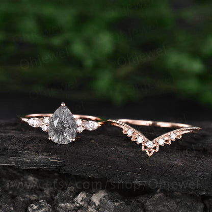 Vintage black rutilated quartz engagement ring set unique bridal set marquise moissanite ring for women black stone ring wedding set gift