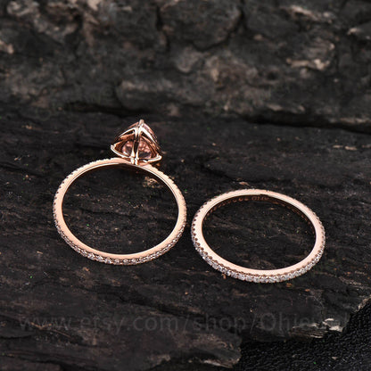 2pcs Pear shaped morganite engagement ring set full eternity diamond ring for women solid 14k rose gold bridal set morganite jewelry gift