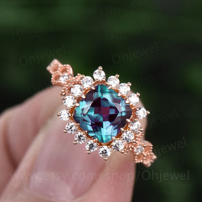 Cushion alexandrite engagement ring vintage alexandrite rings for women antique unique design ring June birthstone ring moissanite halo ring