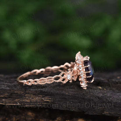 Cushion alexandrite engagement ring vintage alexandrite rings for women antique unique design ring June birthstone ring moissanite halo ring