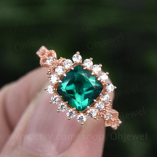 Cushion emerald engagement ring unique vintage emerald ring for women rose gold emerald jewelry May birthstone ring halo ring bridal gift