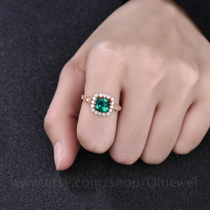 Cushion emerald engagement ring unique vintage emerald ring for women rose gold emerald jewelry May birthstone ring halo ring bridal gift