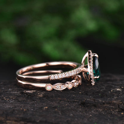 Rose gold ring set 2pcs pear emerald engagement ring set real diamond ring vintage opal ring unique opal wedding band anniversary ring gift