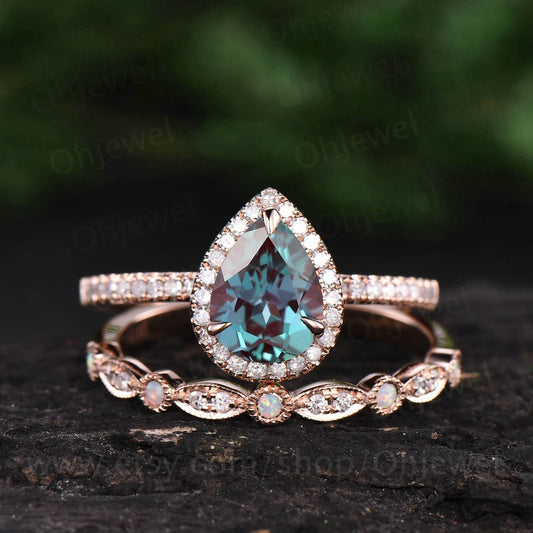 Vintage Alexandrite engagement ring 2pcs color change Alexandrite ring rose gold ring unique opal ring opal wedding band bridal set gift