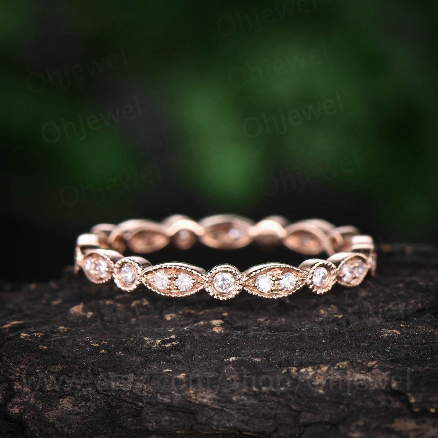 Solid 14k rose gold ring full eternity diamond wedding band vintage unique ring  art deco diamond ring bridal anniversary ring gift for her