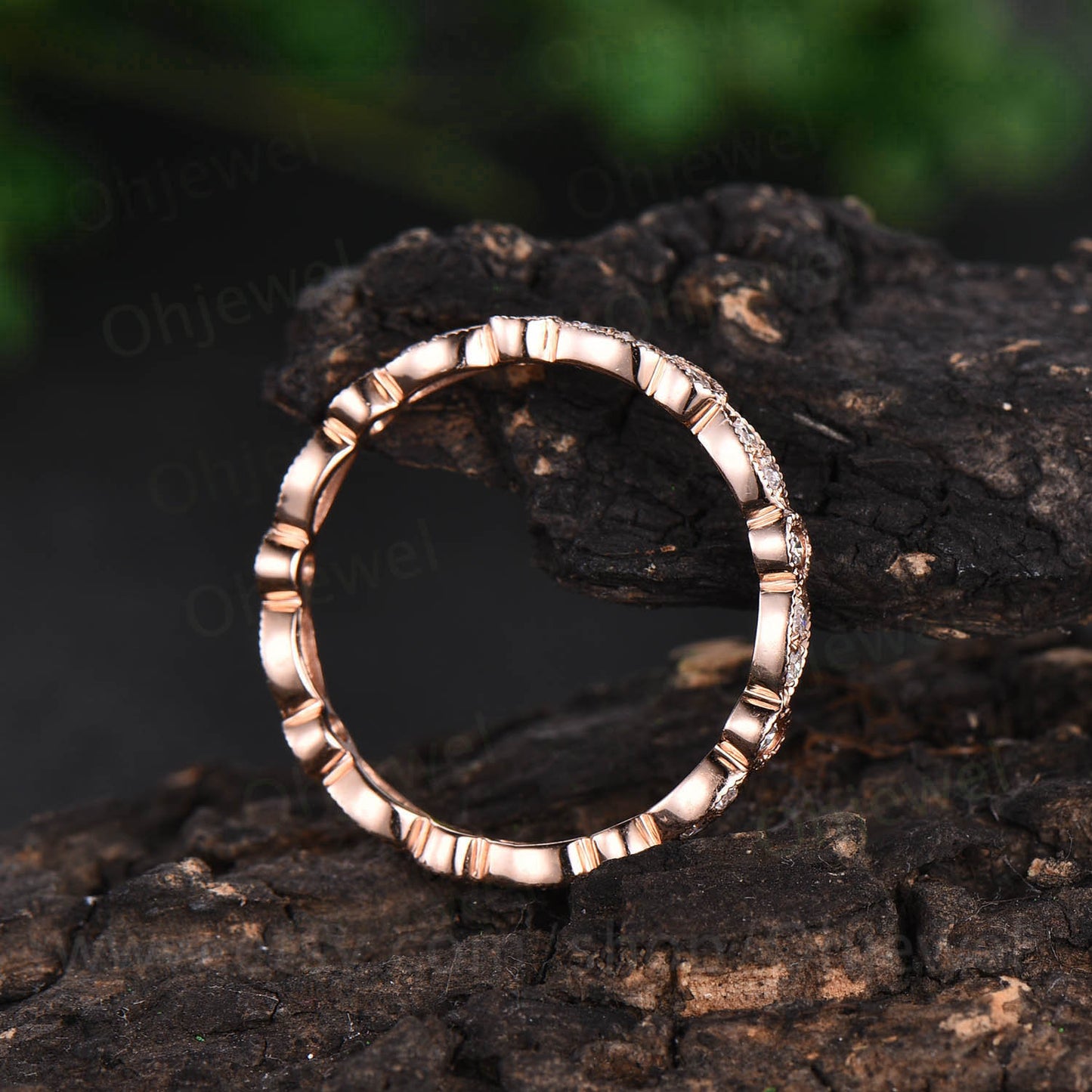 Solid 14k rose gold ring full eternity diamond wedding band vintage unique ring  art deco diamond ring bridal anniversary ring gift for her