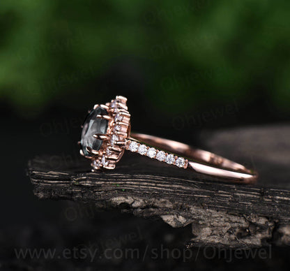 Round black rutilated quartz engagement ring rose gold vintage cluster halo moissanite ring women jewelry unique wedding bridal ring gift