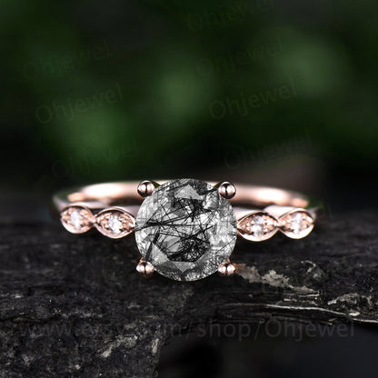 7mm round vintage black rutilated quartz engagement ring for women solid rose gold ring marquise antique real diamond ring anniversary gift