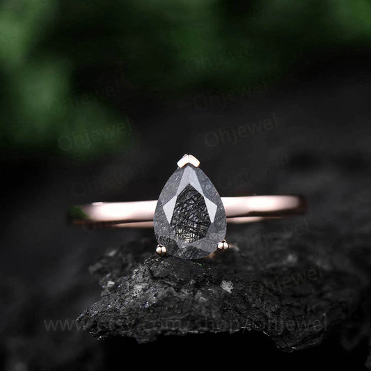 6x8mm teardrop black rutilated quartz engagement ring for women solid 14k/18k rose gold Solitaire ring graduation birthday anniversary gift