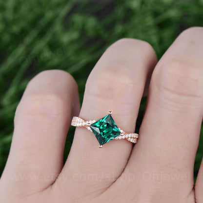 7mm Princess cut emerald engagement ring rose gold emerald rings for women vintage unique ring emerald jewelry May birthstone ring gift