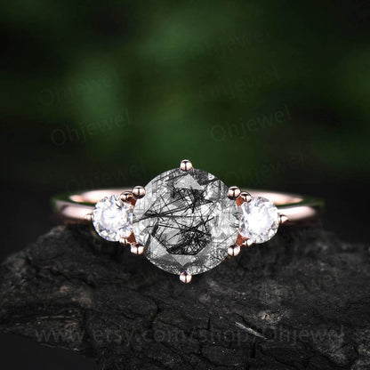 Vintage black rutilated quartz engagement ring rose gold for women three stone ring unique moissanite ring wedding bridal anniversary gift