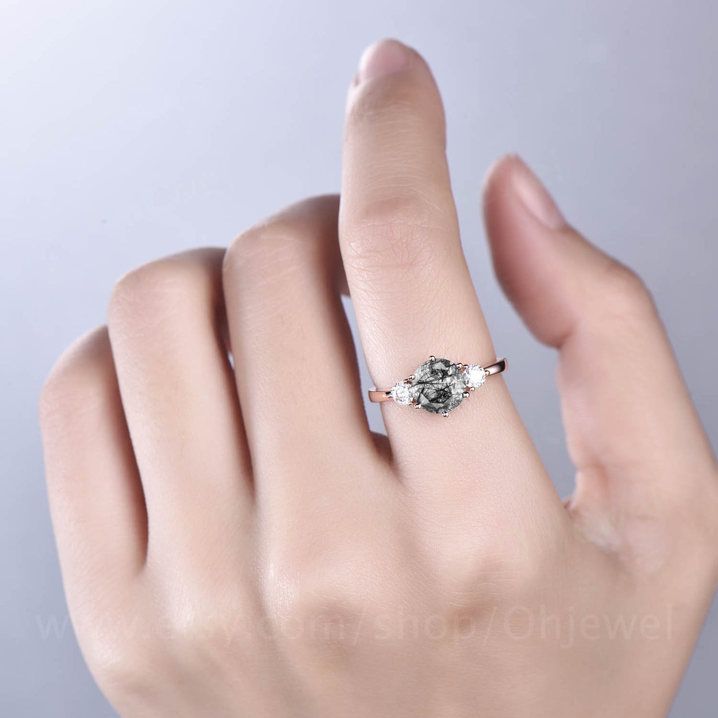 Vintage black rutilated quartz engagement ring rose gold for women three stone ring unique moissanite ring wedding bridal anniversary gift