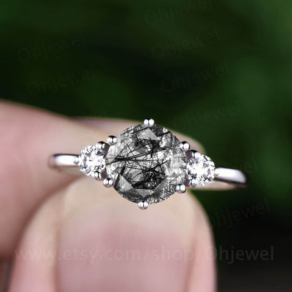 Vintage black rutilated quartz engagement ring rose gold for women three stone ring unique moissanite ring wedding bridal anniversary gift