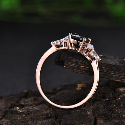 Uniuqe black rutilated quartz engagement ring vintage opal ring marquise moissanite ring for women rose gold ring jewelry birthday gift