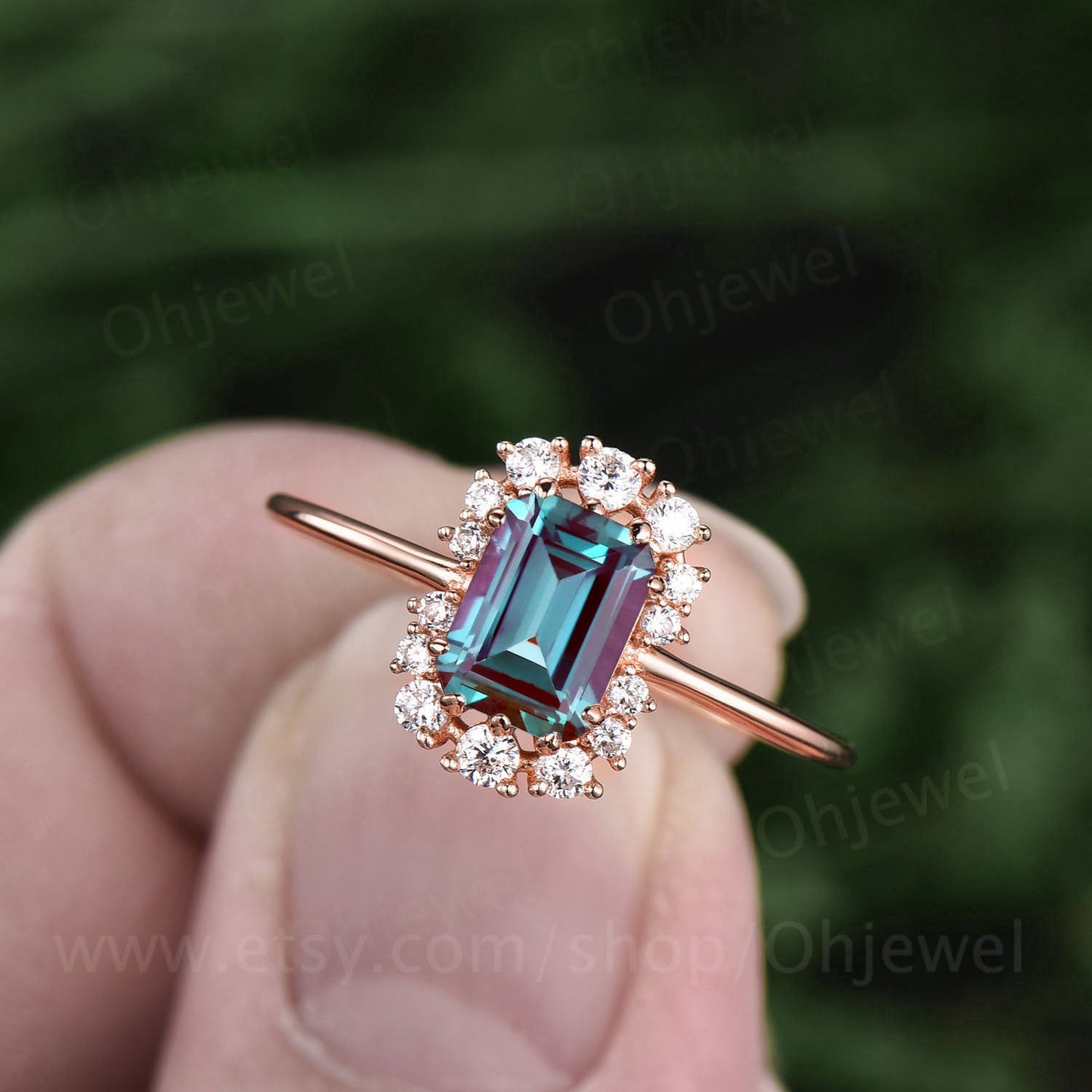 Cluster halo moissanite ring vintage emerald cut Alexandrite engagement ring Alexandrite ring rose gold for women June birthstone ring band