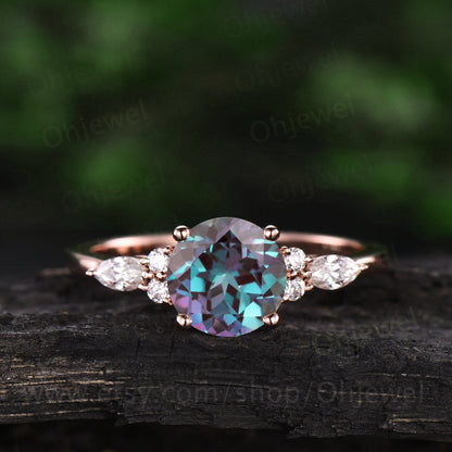 Rose gold ring Alexandrite ring for women vintage Alexandrite engagement ring June birthstone anniversary gift moissanite marquise ring