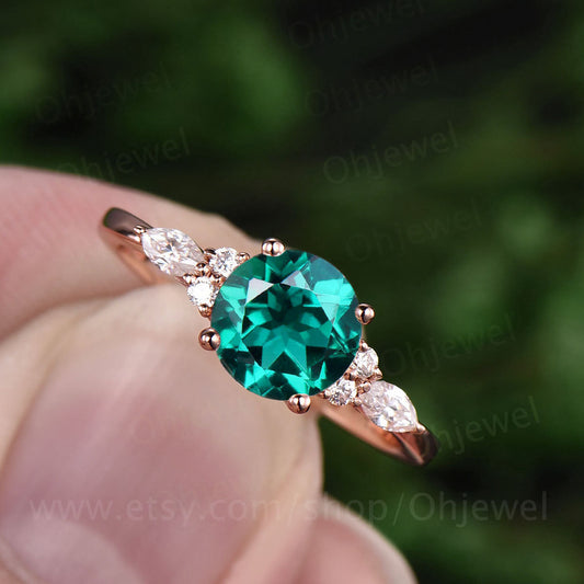 7mm round emerald ring for women vintage emerald engagement ring rose gold marquise moissanite ring emerald jewelry 7 stone ring bridal ring