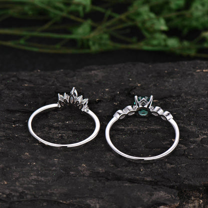 Emerald bridal set Vintage emerald engagement ring set maruqise opal ring for women white gold art deco moissanite ring emerald jewelry