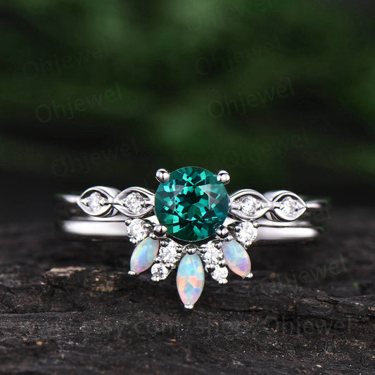 Emerald bridal set Vintage emerald engagement ring set maruqise opal ring for women white gold art deco moissanite ring emerald jewelry