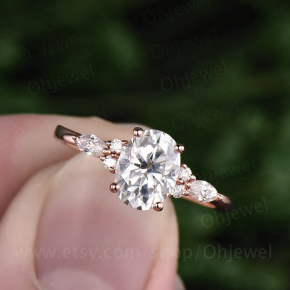 Vintage oval cut moissanite engagement ring art deco rose gold marquise cut moissanite ring for women unique wedding anniversary ring gift