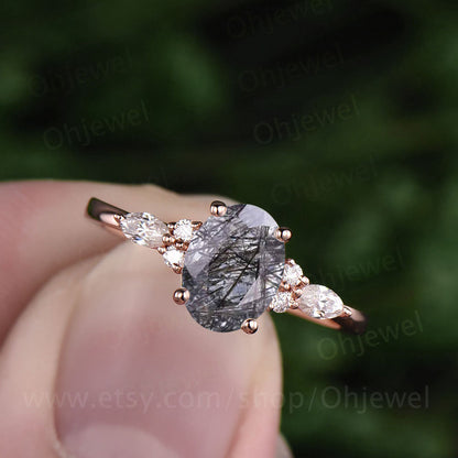 Oval black rutilated quartz engagement ring solid rose gold marquise moissanite ring for women art deco unique ring bridal anniversary gift
