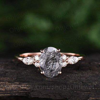 Oval black rutilated quartz engagement ring solid rose gold marquise moissanite ring for women art deco unique ring bridal anniversary gift