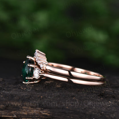 Three stone emerald engagement ring set rose gold 14K/18K emerald ring vintage may birthstone ring moissanite wedding ring bridal ring set