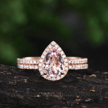 2pcs Pear shaped morganite engagement ring set full eternity diamond ring for women solid 14k rose gold bridal set morganite jewelry gift