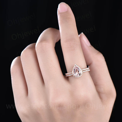2pcs Pear shaped morganite engagement ring set full eternity diamond ring for women solid 14k rose gold bridal set morganite jewelry gift