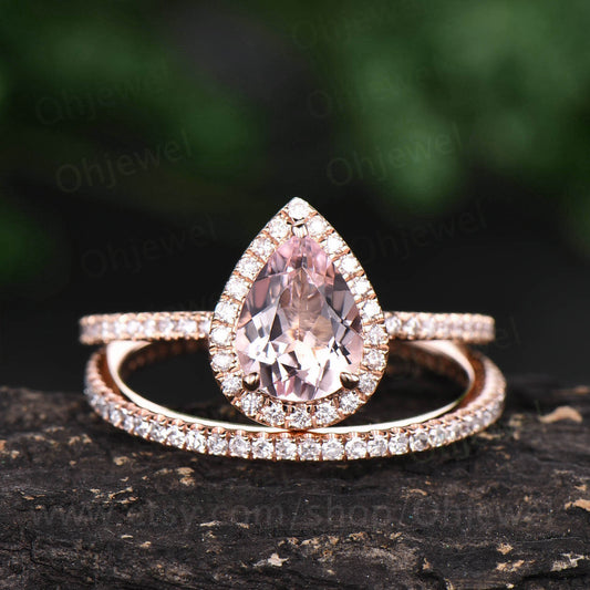 2pcs Pear shaped morganite engagement ring set full eternity diamond ring for women solid 14k rose gold bridal set morganite jewelry gift