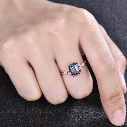 Unique emerald cut Alexandrite engagement ring rose gold flower ring art deco dainty moissanite ring for women vintage promise wedding ring