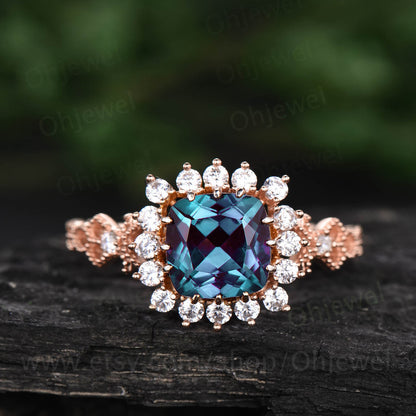 Cushion alexandrite engagement ring vintage alexandrite rings for women antique unique design ring June birthstone ring moissanite halo ring