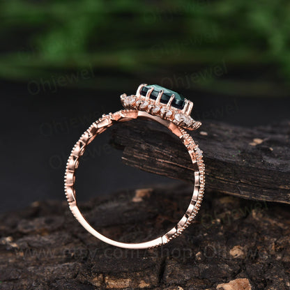 Cushion emerald engagement ring unique vintage emerald ring for women rose gold emerald jewelry May birthstone ring halo ring bridal gift