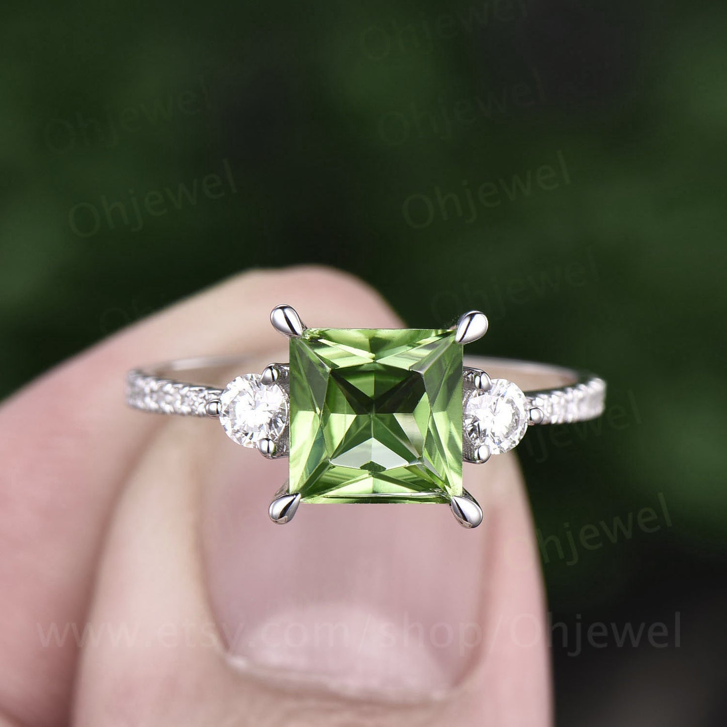Princess cut engagement ring vintage peridot engagement ring moissanite rings for women solid white gold birthday gift peridot jewelry