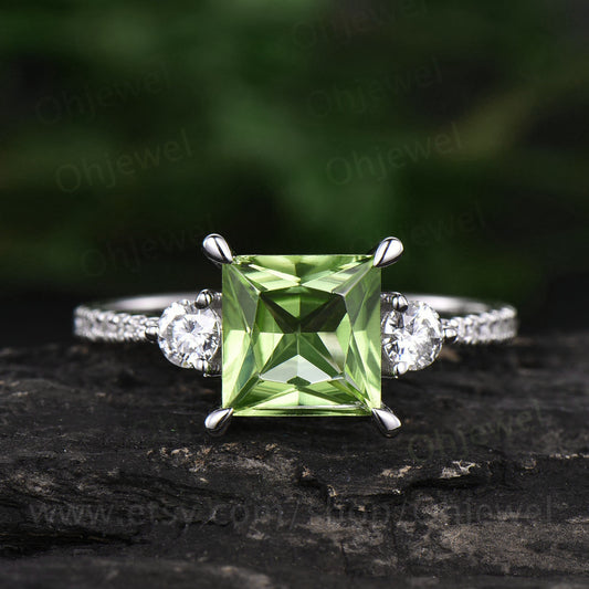 Princess cut engagement ring vintage peridot engagement ring moissanite rings for women solid white gold birthday gift peridot jewelry