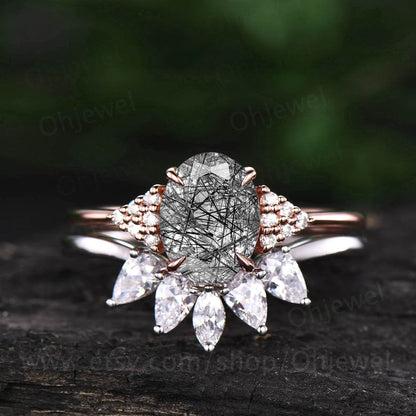 Vintage black rutilated quartz engagement ring set rose gold pear marquise moissanite ring for women unique brial ring set jewelry gift