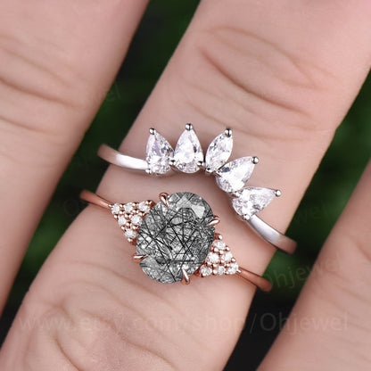 Vintage black rutilated quartz engagement ring set rose gold pear marquise moissanite ring for women unique brial ring set jewelry gift