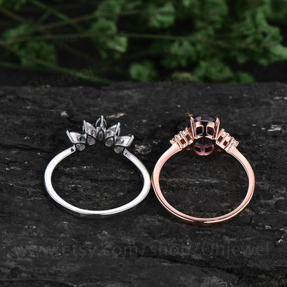 Vintage black rutilated quartz engagement ring set rose gold pear marquise moissanite ring for women unique brial ring set jewelry gift