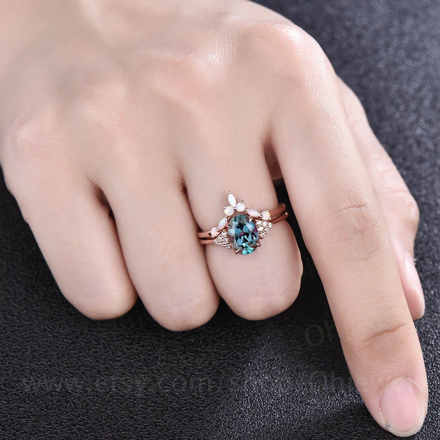2pcs Alexandrite engagement ring set vintage opal ring for women rose gold diamond ring opal wedding band June birthstone ring jewelry gift