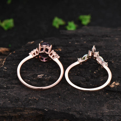 2pcs Alexandrite engagement ring set vintage opal ring for women rose gold diamond ring opal wedding band June birthstone ring jewelry gift