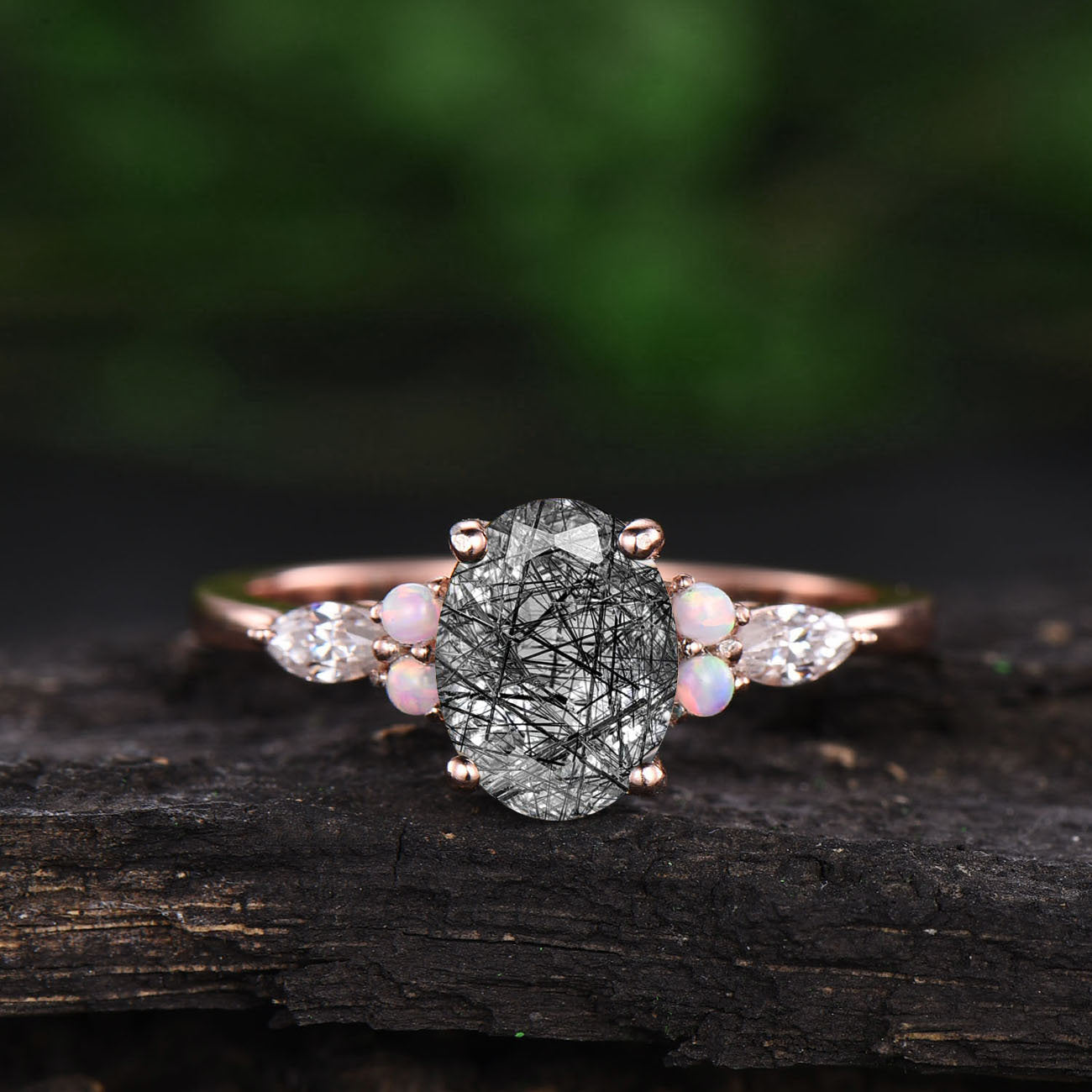 Uniuqe black rutilated quartz engagement ring vintage opal ring marquise moissanite ring for women rose gold ring jewelry birthday gift
