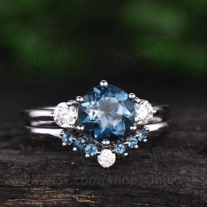 Vintage unique engagement ring 2pcs London blue topaz engagement ring set rose gold moissanite ring topaz wedding band wedding bridal set