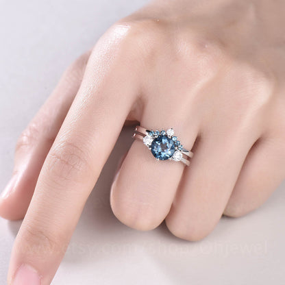 Vintage unique engagement ring 2pcs London blue topaz engagement ring set rose gold moissanite ring topaz wedding band wedding bridal set