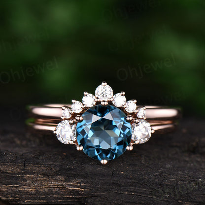 Three stone London blue topaz engagement ring set rose gold topaz ring vintage November birthstone moissanite wedding bridal ring set women